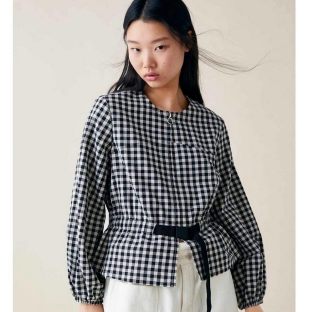 Zara Womens Gingham Black And White Zip Up Jacket Size XS